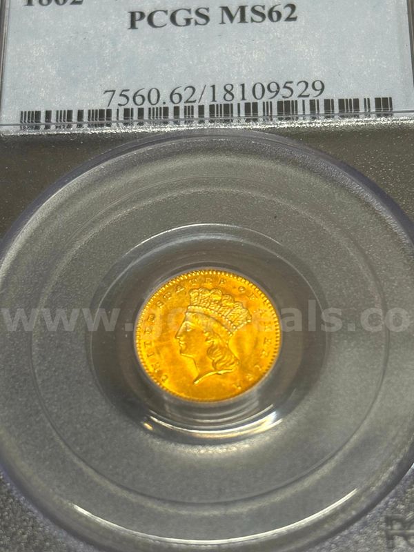 GOLD COIN SLABBED GRADED 1862 $1 Indian Head Gold Dollar MS-62 PCGS SEALED- SHIPPING ONLY - MA