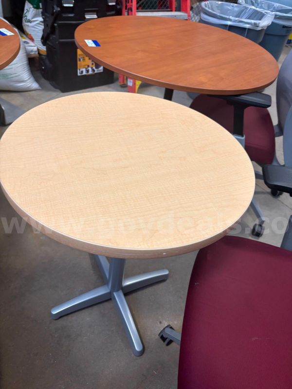 Round Maple Cafe / Breakroom Pedestal Table + a matching bookcase