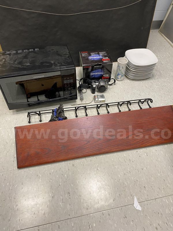 Microwave, Dinner Plates, Cameras, Ceramic Vase, Wood Floating Shelf, & Coat Rack