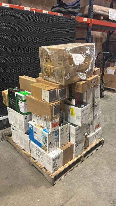 Pallet of genuine HP, Xerox, Lexmark, and Toshiba printer toner cartridges