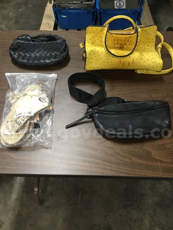 Lot of misc box items-size 40 women's gold snap on shoes, black leather Quince bag, yellow hand bag "DH"
