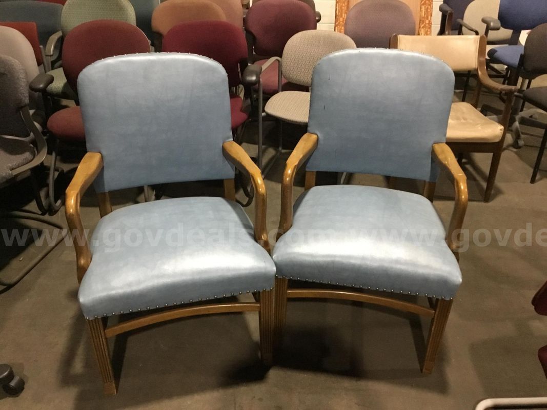 Two Light Blue Leather Side Chairs w/wooden legs “C”