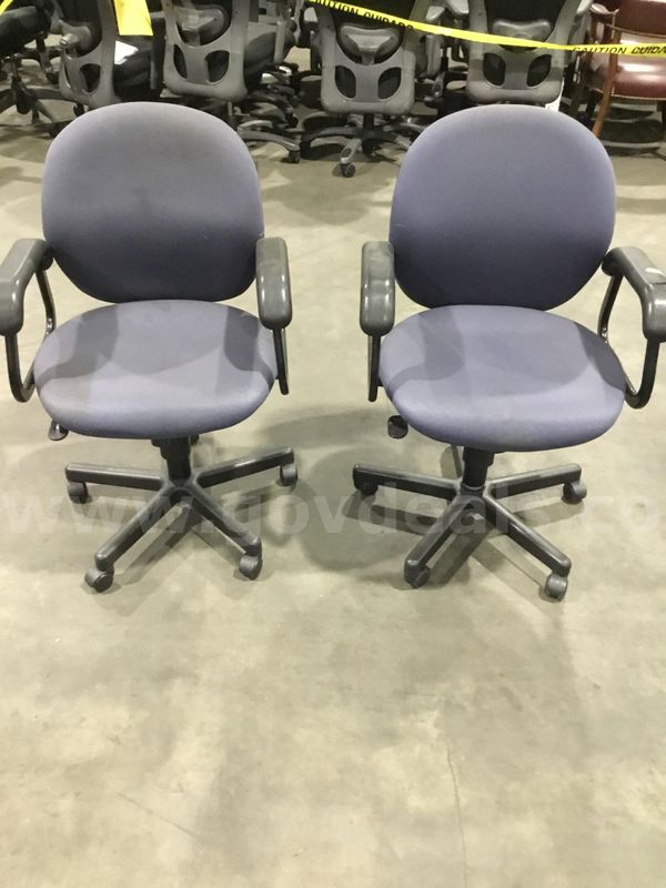 2 midnight blue adjustable office chairs; with black padded armrests "DH"