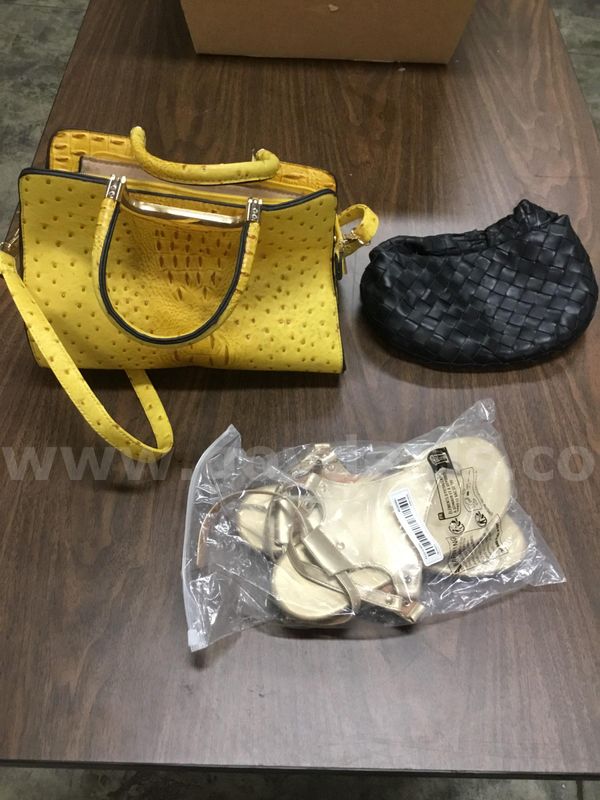 Lot of misc box items-size 40 women's gold snap on shoes, a yellow handbag, black leather bag "DH"