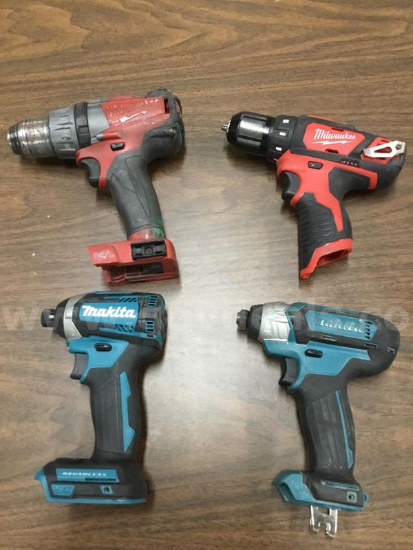 Lot of items-2 Makita drill guns, 2 Milwaukee drill guns (NO BATTERIES INCLUDED) “DH”