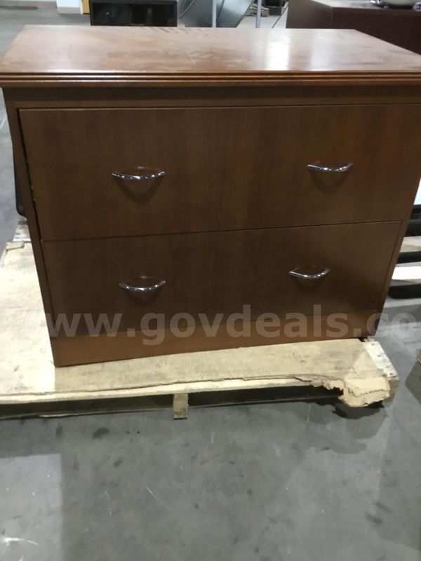 37 x 22 x 29 dark brown hardwood two drawer lateral filing cabinet (NO KEY LOCKS INCLUDED) “DH”