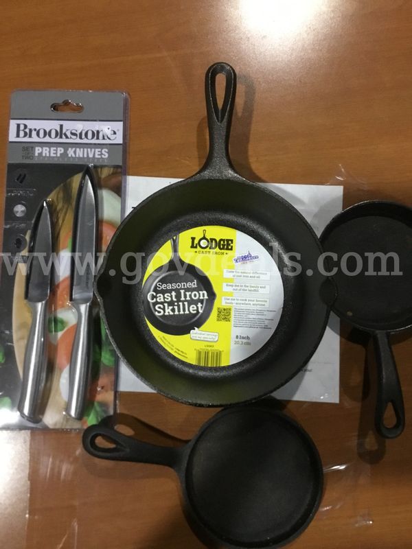 Lot of items-two 5 inch black pans, 8 1/2 Lodge pan, 2 prep kitchen knives “DH”