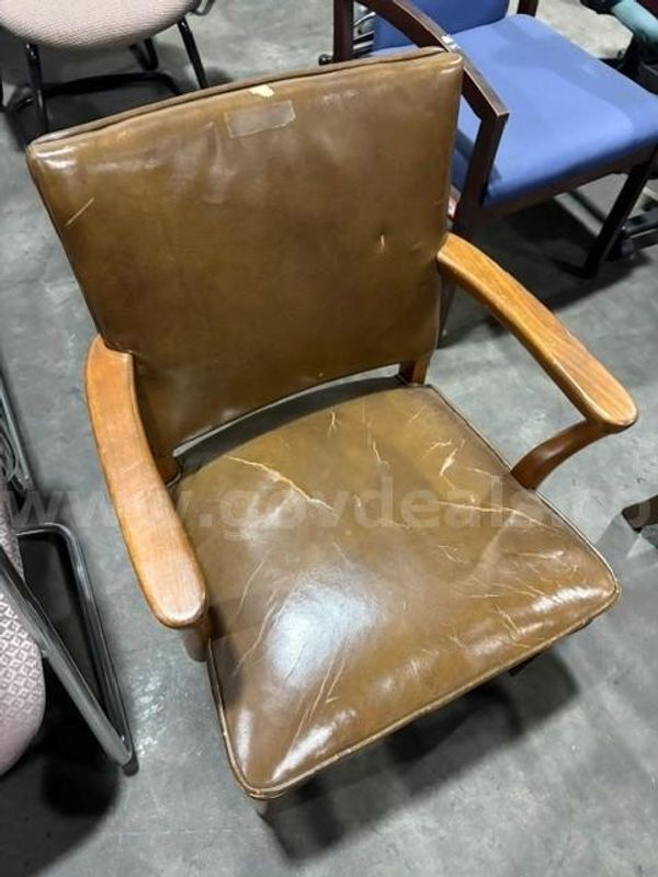 Brown Leather Chair with Wooden Armrest