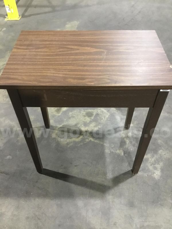 28 (LENGTH) x 18 (WIDTH) x 30 (HEIGHT) dark brown hardwood table; with four matching leg stands “DH”