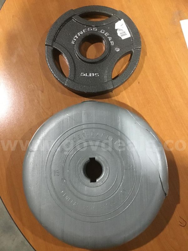 15 pd barbell, & a 5 pd fitness gear steel dumbbell “DH”