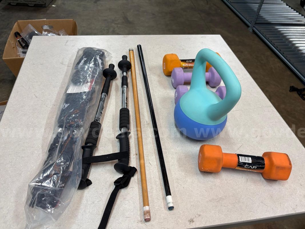 Lot of Sporting Equipment- Trekking Poles, Dumbbells, Pool Cues "JM"