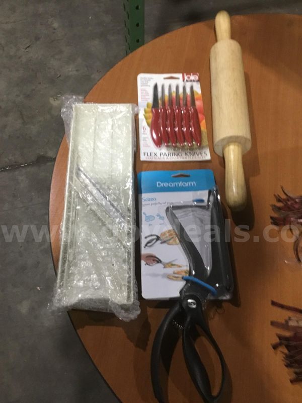 Lot of items-light oak rolling pin, 6 red paring knives, food scraper, "DH"