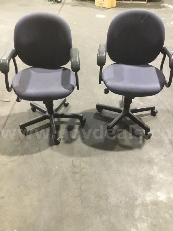2 midnight blue adjustable chairs; with black padded armrests "DH"