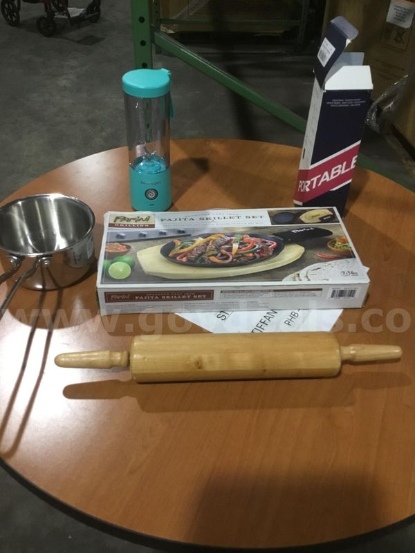 Lot of items-Parini skillet, light oak food rolling pin, teal green portable blenders "DH"