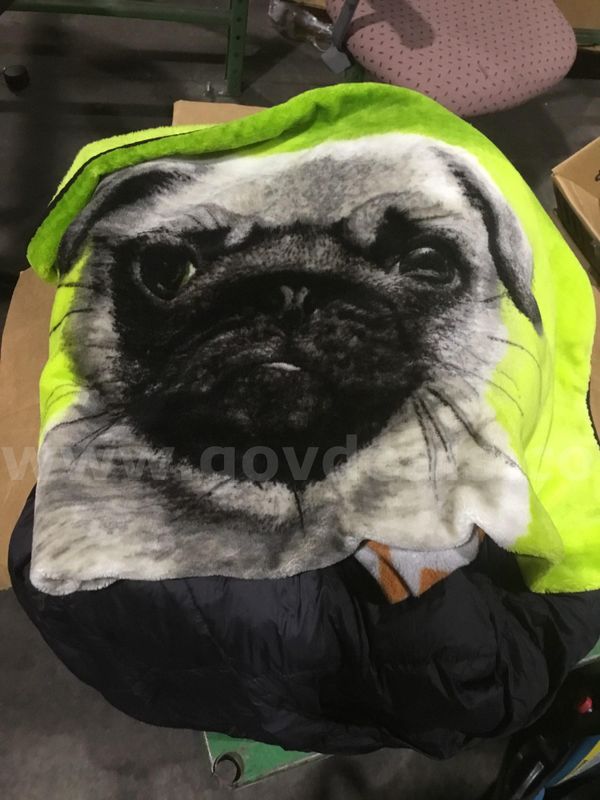 Box of misc items-blankets, a coat "DH"