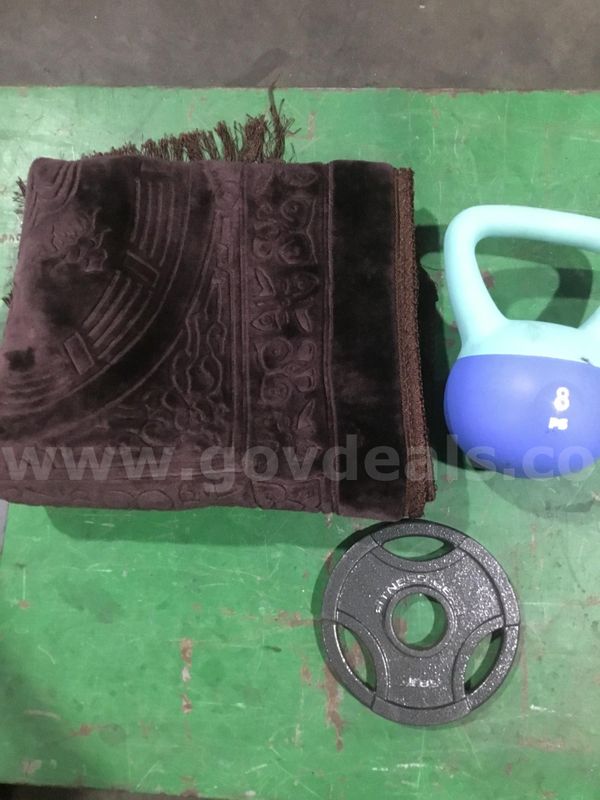 5 pd steel weight, 8 pd dumbbell, fur rug "DH"