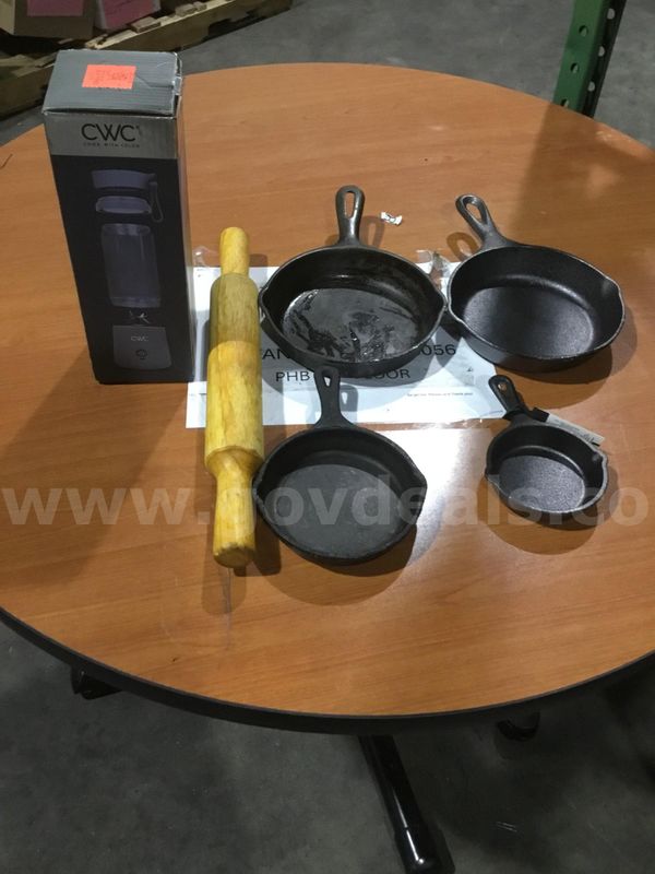 Lot of items-4 inch, 5 inch, two 7 inch black pans; portable blender "DH"