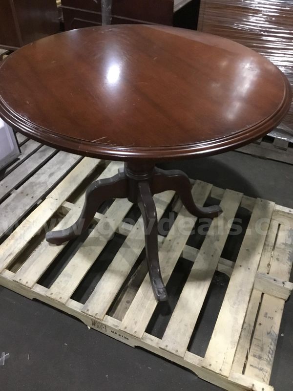 35 x 35 dark mahogany hardwood round table; with 4 leg stands "DH"