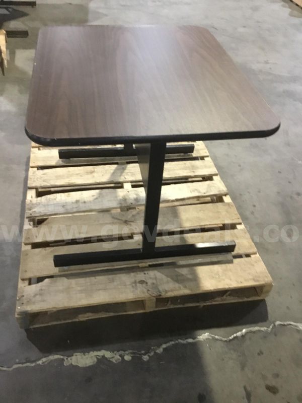 36 x 29 1/2 dark brown hardwood rectangular desk table; with two black steel leg stands "DH"