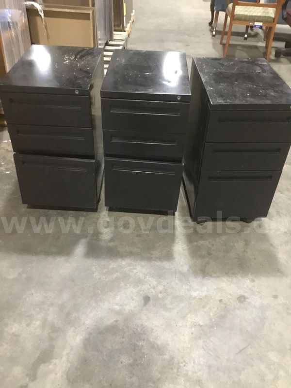 Three 21 1/2 (LENGTH) x 15 (WIDTH) x 25 (HEIGHT) black three drawer metal filing cabinet (NO KEY LOCKS) "DH"