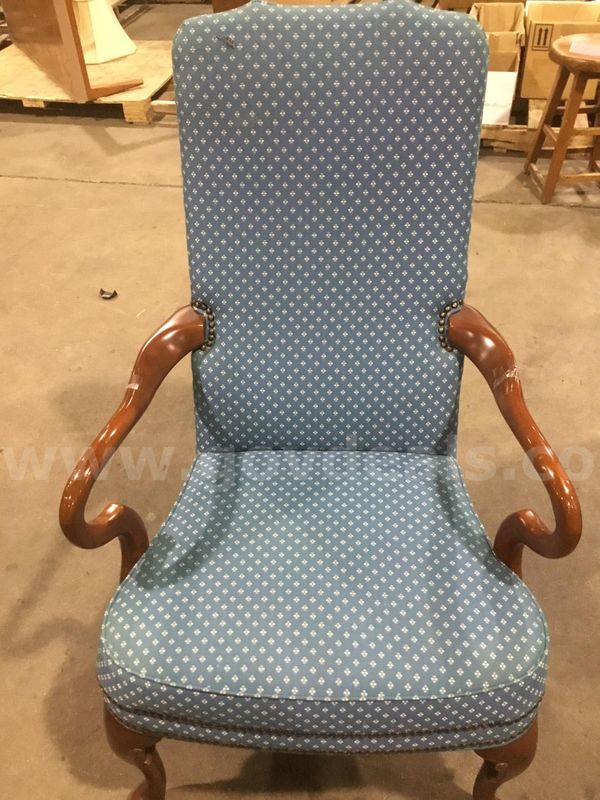Blue chair; with dark brown hardwood armrests "DH"