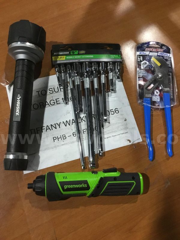 Lot of items-socket extensions, channel lock pliers, green & black screwdriver (BATTERY INCLUDED) "DH"
