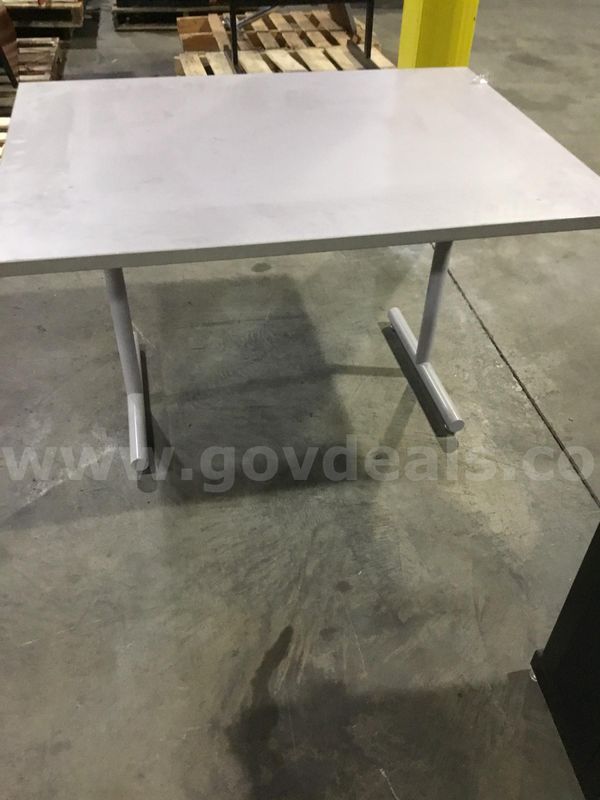 48 (LENGTH) x 36 (WIDTH) x 28 (HEIGHT) light gray rectangular table, with two gray leg stands "DH"