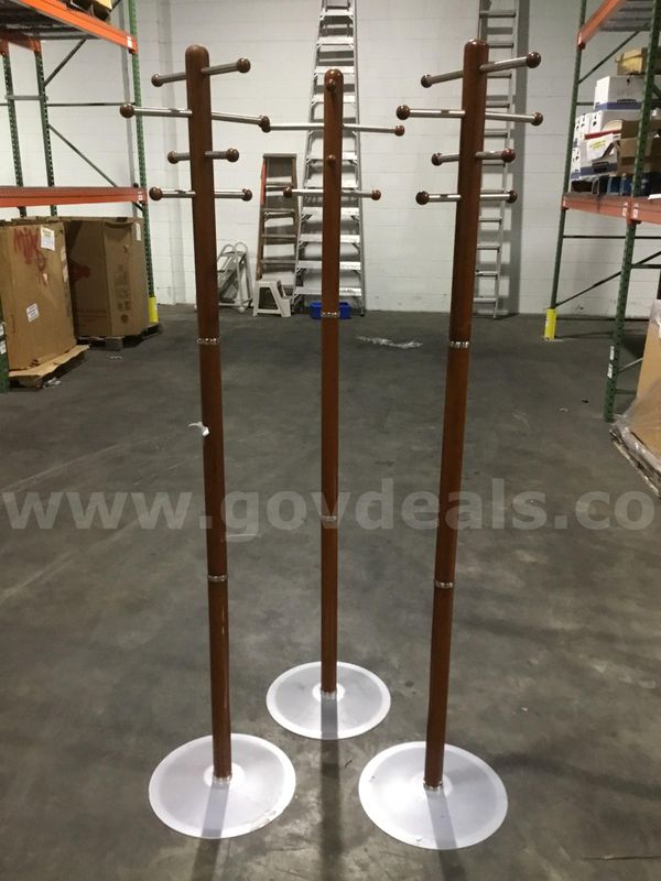 Three 68 inch (IN HEIGHT) dark brown hardwood coat racks "DH"
