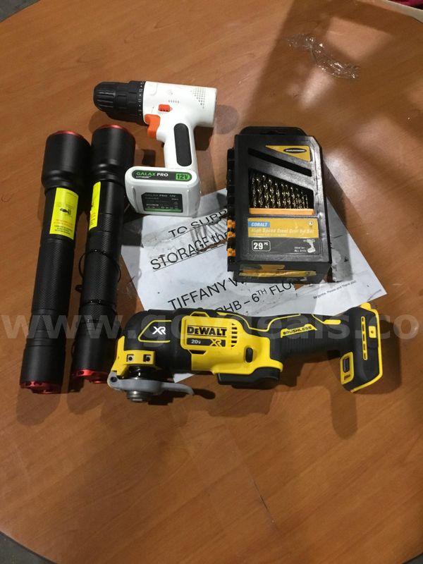 Lot of items-drill bits, cordless drill-with a battery; both flashlights come with batteries "DH"