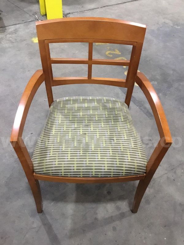 Green seat cushion chair; with a brown hardwood armrests "DH"