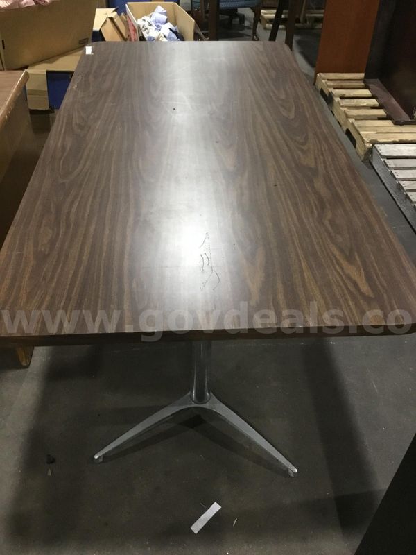 72 (LENGTH) x 36 (WIDTH) x 29 (HEIGHT) dark brown hardwood rectangular table; with two steel silver leg stands "DH"