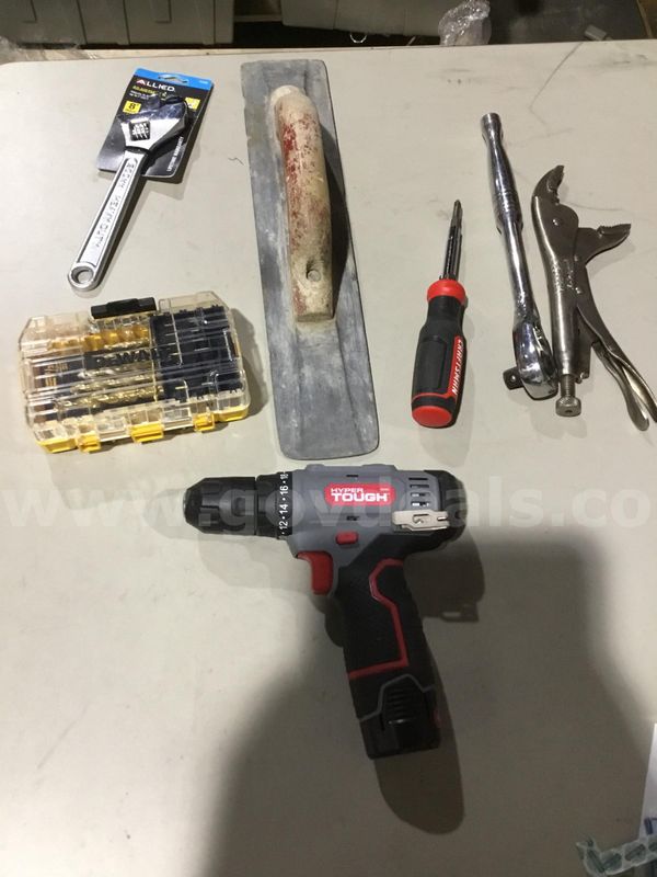 Lot of tools-dark gray, red, & black cordless drill driver (IT TURNS ON) "DH"