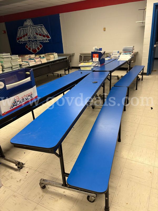 (8) Dark Blue Cafeteria Tables (Materials pictured on tables not included)