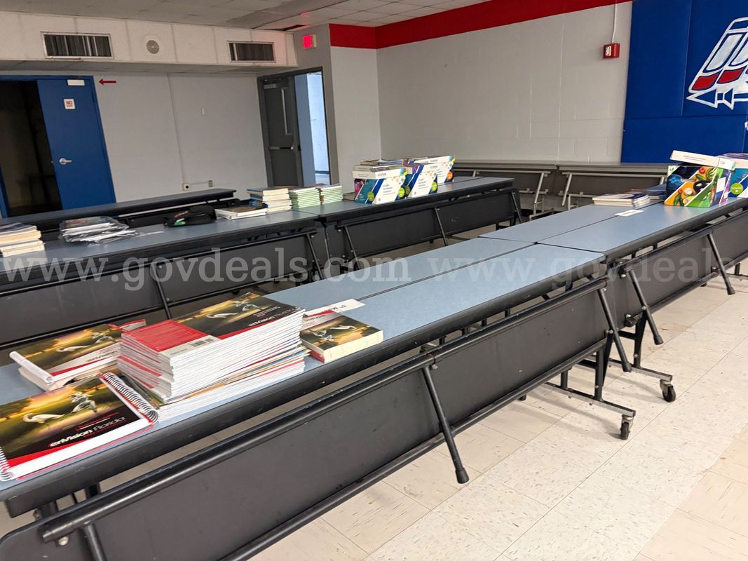 (13) Light Blue Cafeteria Tables (Materials pictured on tables not included)