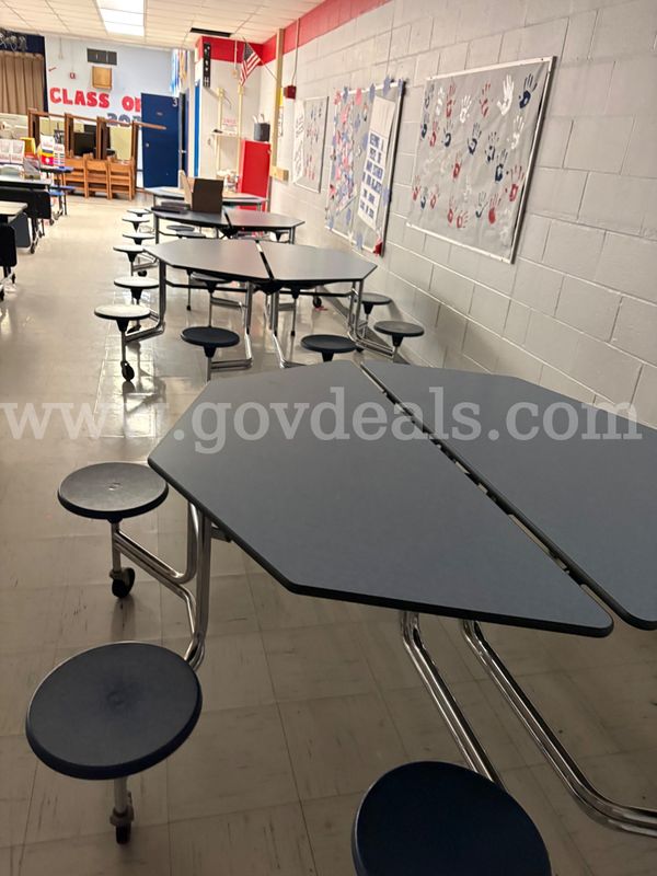 (5) Light Blue Octagon Cafeteria Tables (Materials pictured on tables not included)