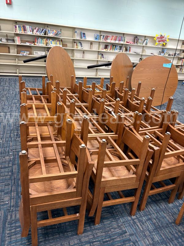 (41) Chairs, (6) Round Tables, (6) Bookshelves (from Library)
