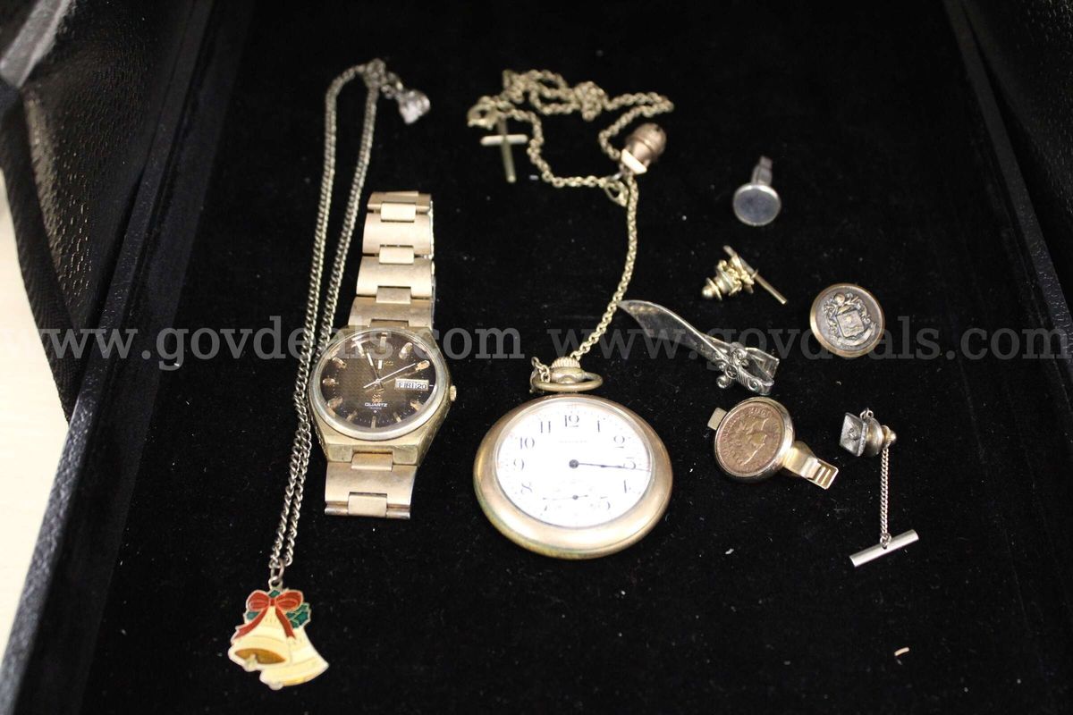 WATCH, WRIST (1) POCKET (1); NECKLACE (1); TIE, PIN (2) CLIP (2); BUTTON (1); CU