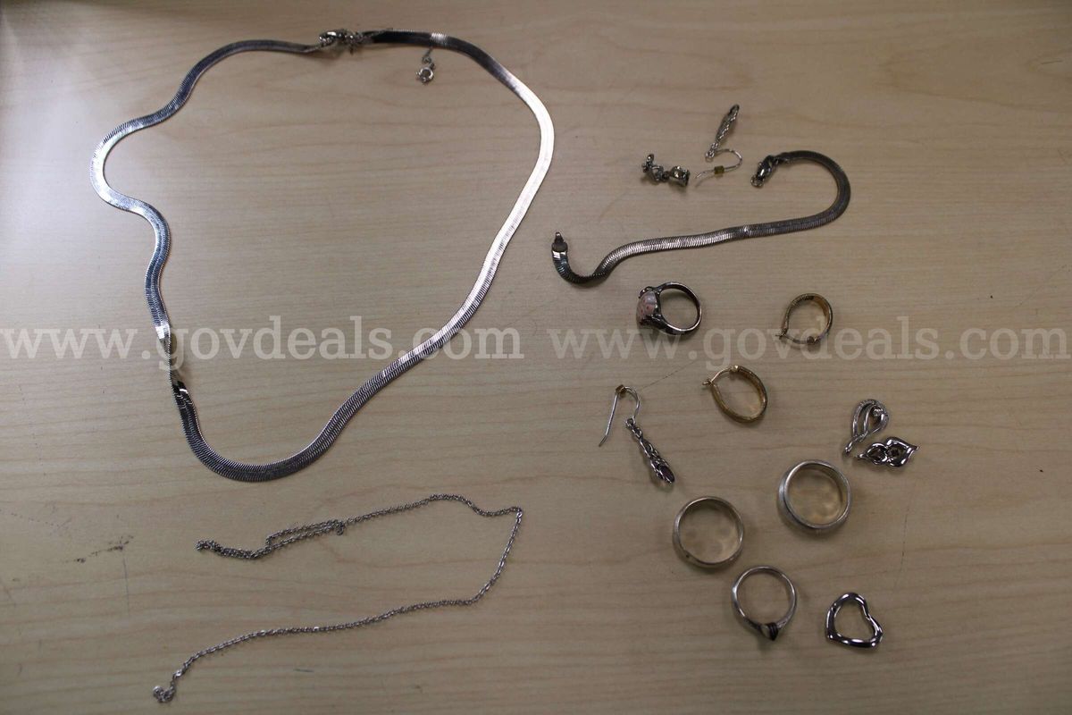 RINGS (4), PAIR OF EARRINGS (2), NECKLACES (2), BRACELET (1), CHARMS (4)