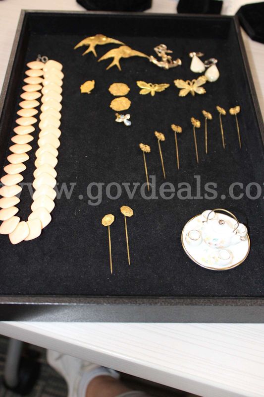PINS (17); CHARM (1); EARRING, PAIR (1); NECKLACE (1); MINI TEA SET (1)