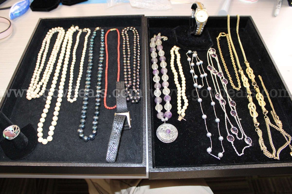 WATCH (2); LOOSE STONES IN BAG; ASSORTED EARRINGS IN BAG; RING (1); CHARMS (7);