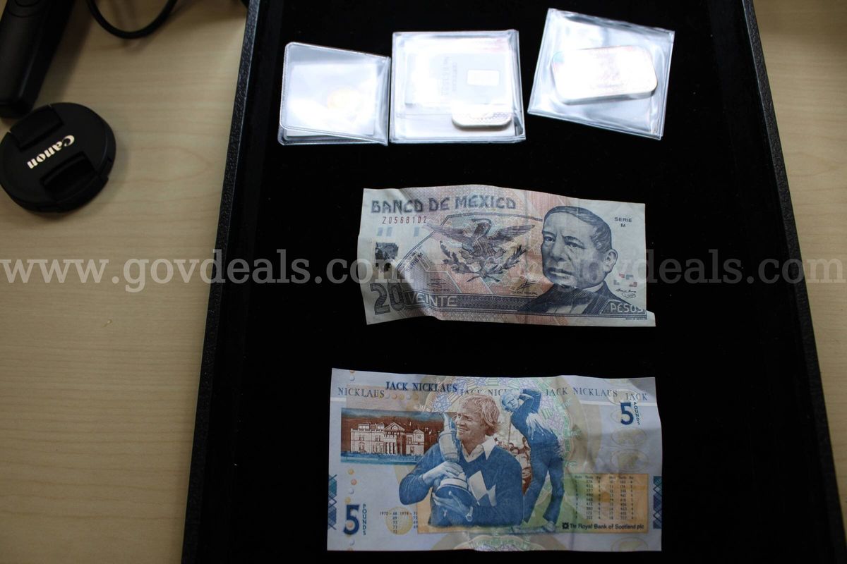 METAL BARS (2), FOREIGN BILLS (2), FOREIGN COIN (1)