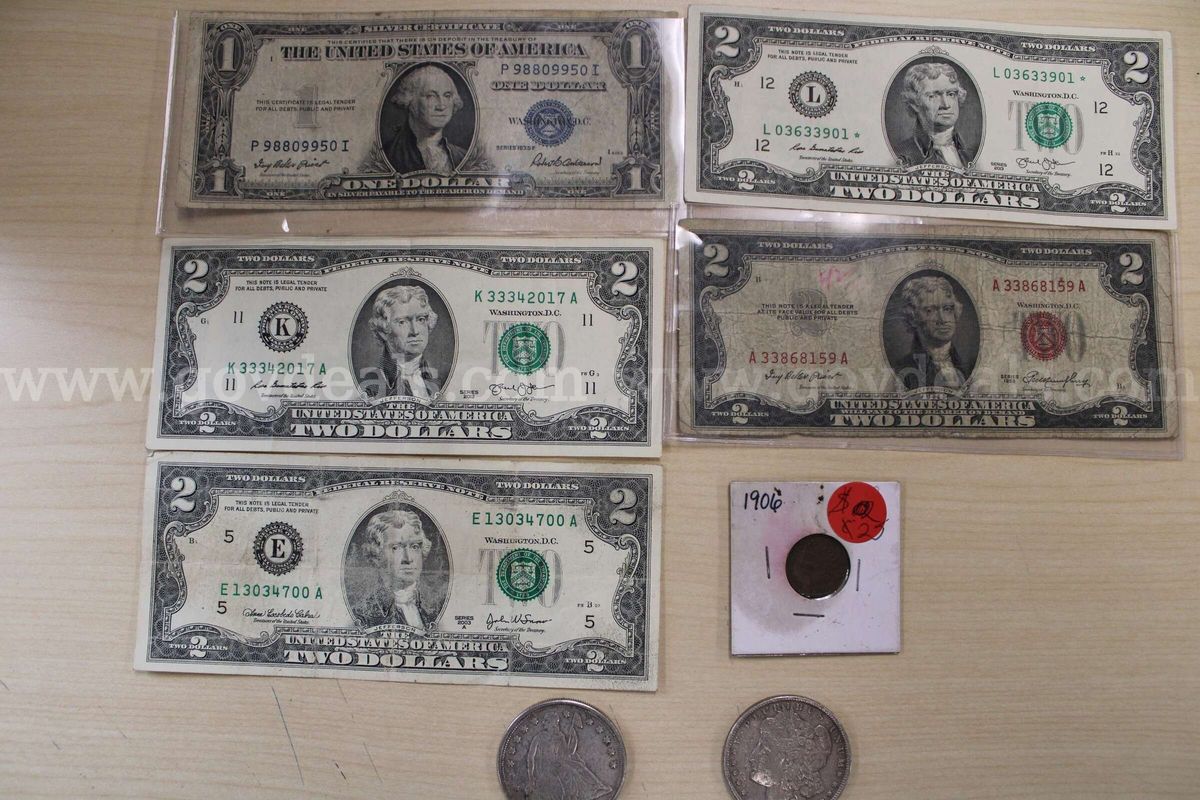 $2 BILL (4); $1 BILL (1); $1 COIN (2); PENNY (1)