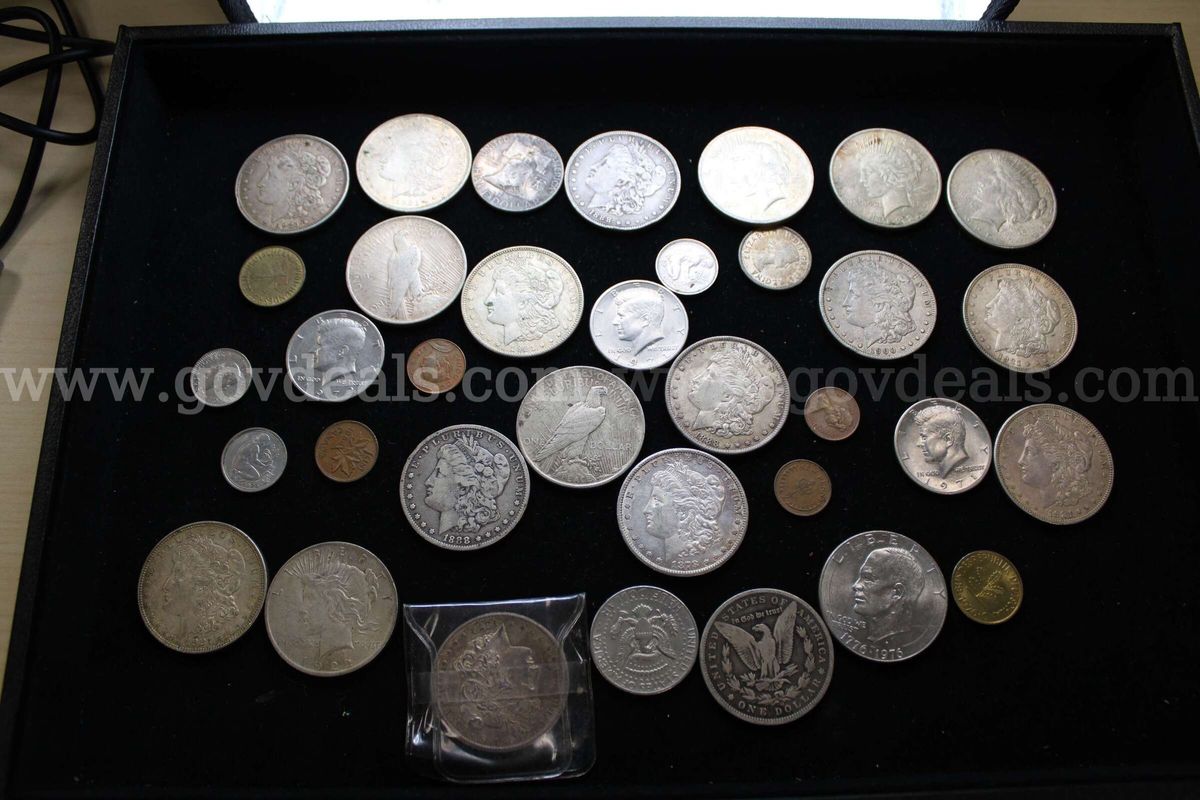 Foreign Coins (10); Half Dollars (5); Dollar Coins (10)