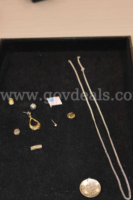 SILVER CHAIN, GOLD DANGLE EARRING, SILVER CHARM W/VERSE, FLAG PIN, SILVER BALL E