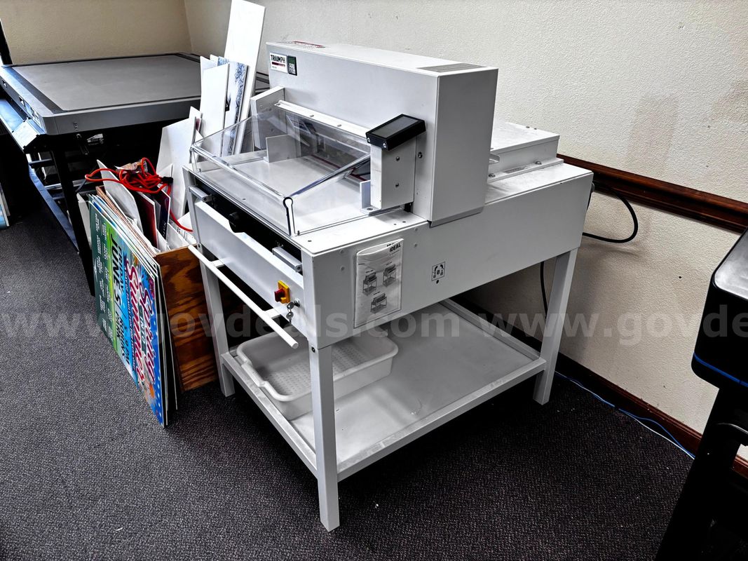 IDEAL 5255 electric paper cutter. Includes stand and safety shield. Used condition. Sold as-is, where-is.