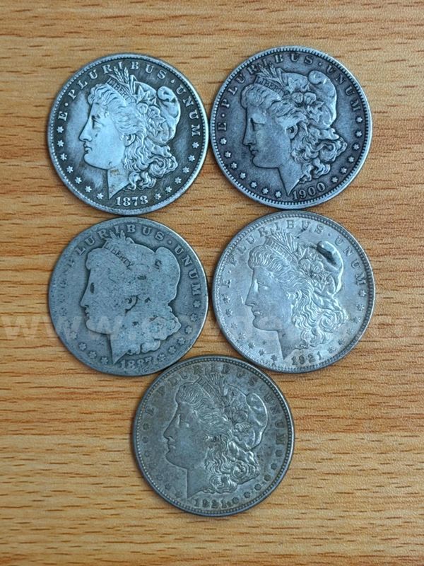 Lot of 5 - Silver U.S. Morgan Dollar (1878-S, 1887-O, 1900-O, 1921, 1921-S)