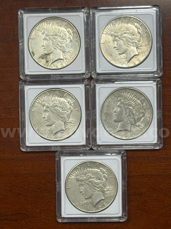 Lot of 5 US Silver Peace Dollars (1923-S, 1923-S, 1923-S, 1925, 1926-S)