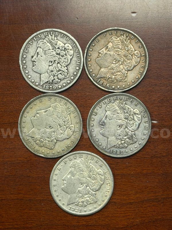 Lot of 5 US Morgan Silver Dollars (1879, 1896, 1921-D, 1921, 1921-S)