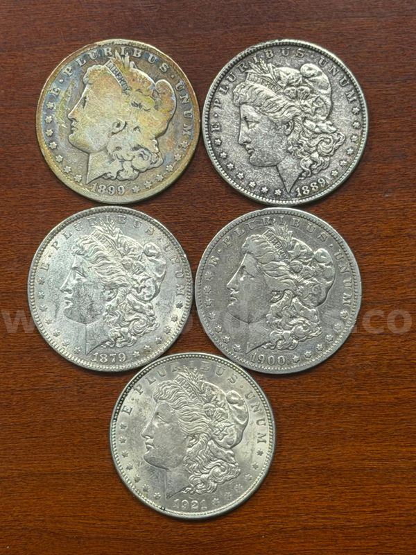 Lot of 5 US Morgan Silver Dollars (1899-O, 1889, 1879, 1900-O, 1921)