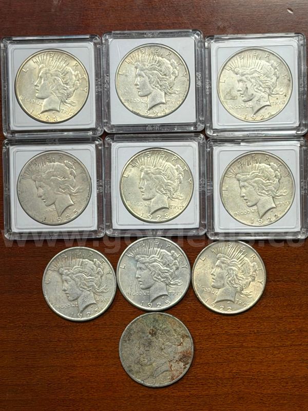 Lot of 10 U.S. Silver Peace Dollars (1923-S, 1923-S, 1922, 1925-S, 1923-S, 1922-D, 1925, 1925, 1922, 1922)